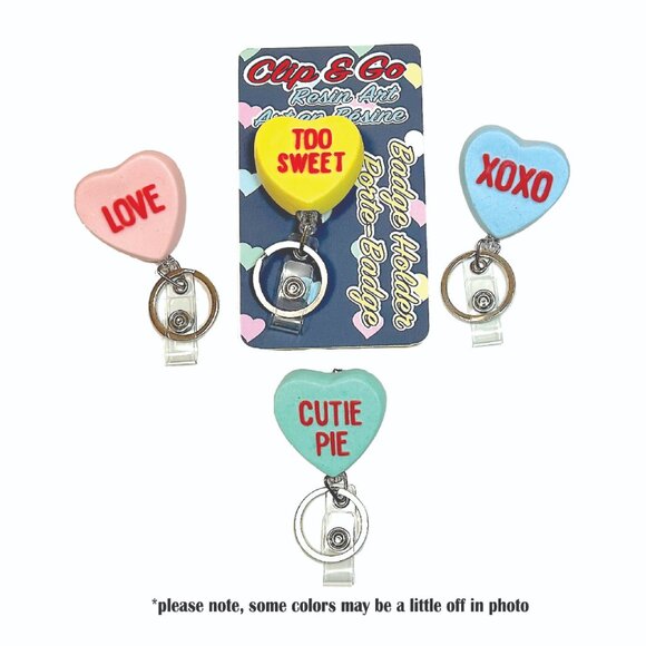 New Custom Handmade "CLIP & GO" Resin Art Badge Holders (Conversation Hearts) - Picture 2 of 5